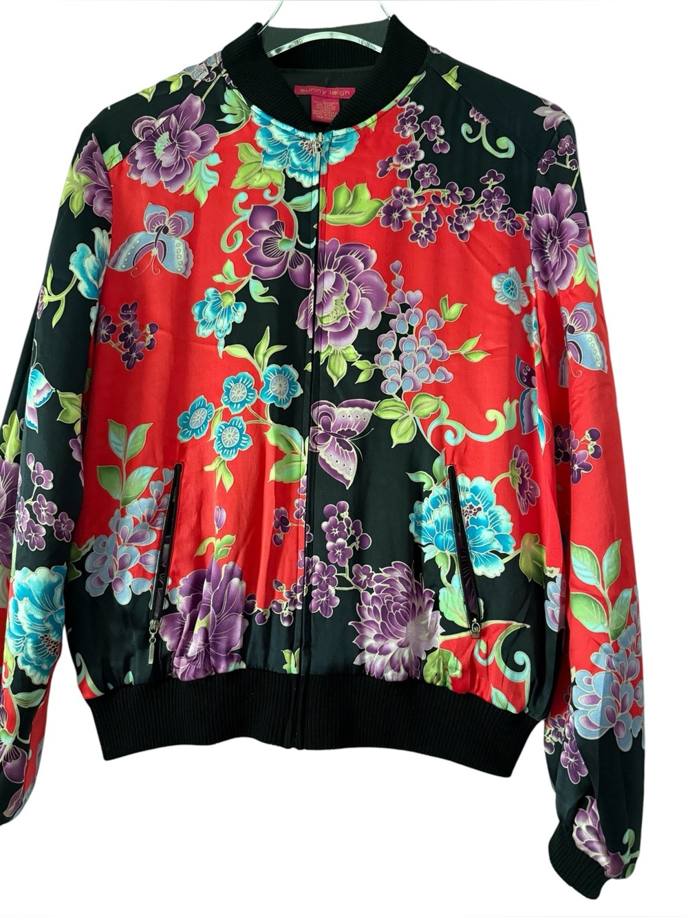 100% Silk Floral Bomber Jacket Red & Black Orchids Butterflies Lotus Size Large